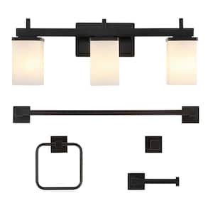 Caia 22.38 in. 3-Light Vanity Light with Frosted Glass Shades and Bathroom Hardware Set, Oil Rubbed Bronze (5-Piece)