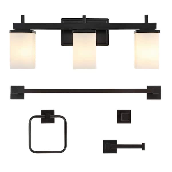 JONATHAN Y Caia 22.38 in. 3-Light Vanity Light with Frosted Glass Shades and Bathroom Hardware Set, Oil Rubbed Bronze (5-Piece)