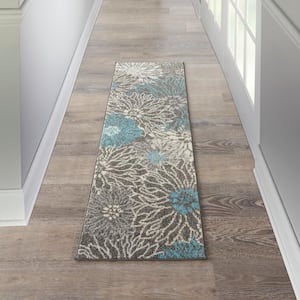 Passion Charcoal/Blue 2 ft. x 6 ft. Floral Contemporary Kitchen Runner Area Rug