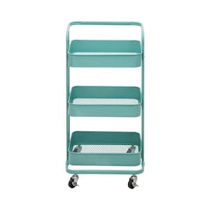 35 in. 3-Tier Metal Foldable Rolling Utility Cart in Teal
