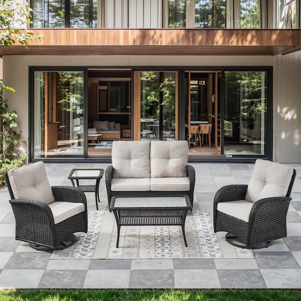 Black 5-Piece Wicker Patio Conversation Set with Swivel Rockers, Outdoor Glider Seating Set with Beige Cushions