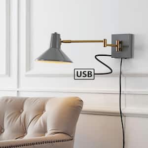Hygge 16 in. Swing Arm 1-Light Grey/Brass Gold Modern Midcentury Iron USB Charging Port LED Wall Sconce