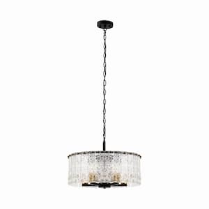 5-Light Black and Gold Drum Pendant Chandelier Adjustable Height Lighting for Living Room and No Bulbs Included