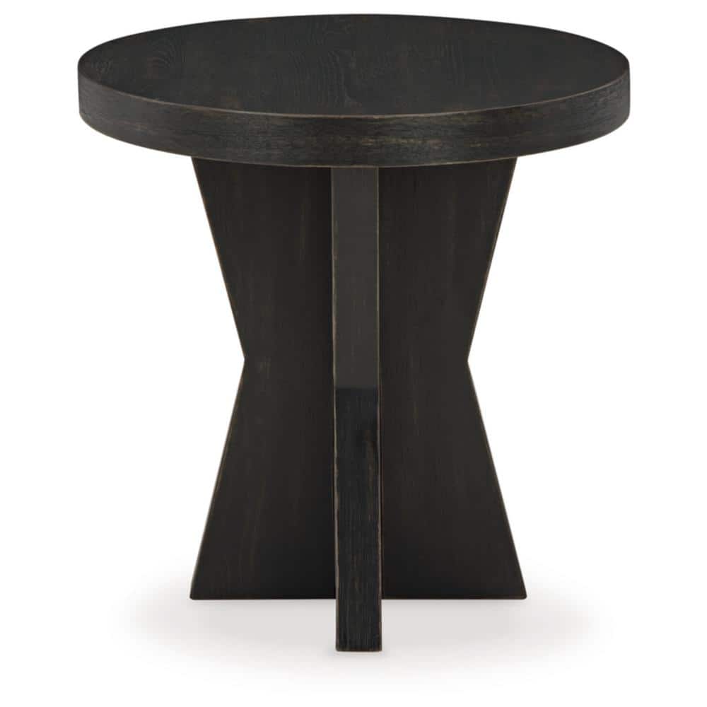 Black Round Geometric Base Wood End Table
