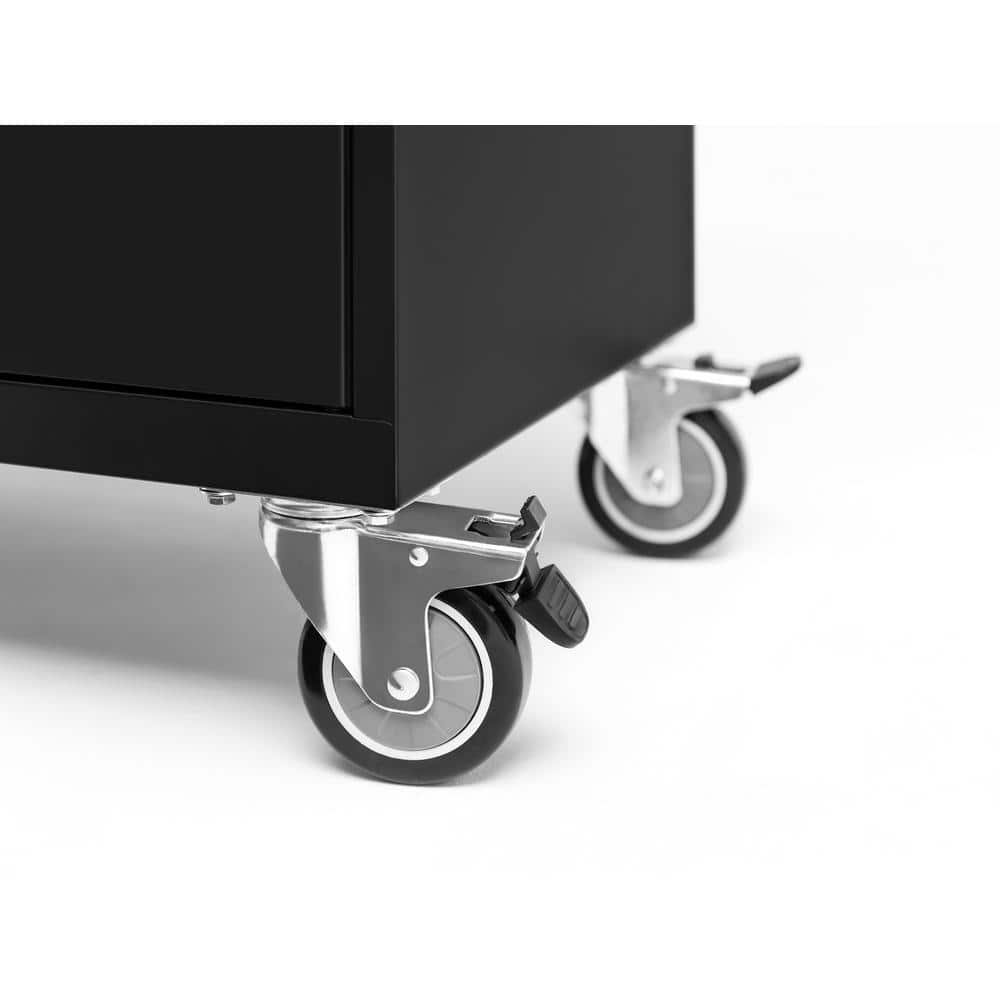 Black Lockable Garage Cabinet Set with Bamboo Worktop