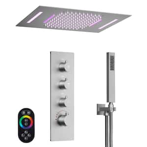 LED Thermostatic Valve 7-Spray Ceiling Mount 23*15 in. Fixed and Handheld Shower Head 2.5 GPM in Brushed Nickel