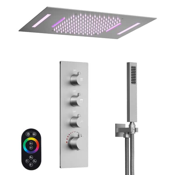 GRANDJOY LED Thermostatic Valve 7-Spray Ceiling Mount 23*15 in. Fixed and Handheld Shower Head 2.5 GPM in Brushed Nickel
