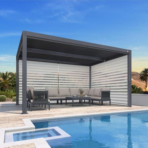 10 ft. x 14 ft. Gray Aluminum Frame Louvered Pergola with Adjustable Sunshade Roof and 1-Long 1-Short Side Roller Shades