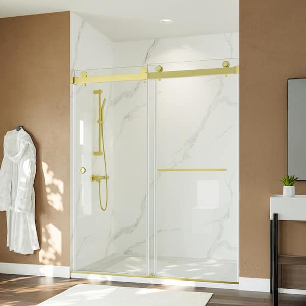 55-59 in. W x 72 in. H Sliding Frameless Shower Door in Brushed Gold with Clear Tempered Glass