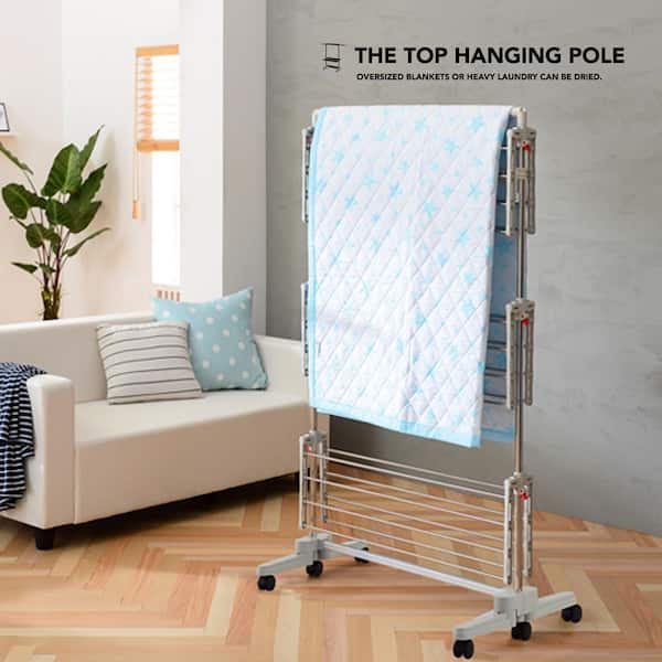 TOOLF Clothes Drying Rack, 3-Tier Collapsible Laundry Rack Stand Garment Drying Station with Wheels and 4 Hooks, Indoor-Outdoor Use, for for Bed Linen