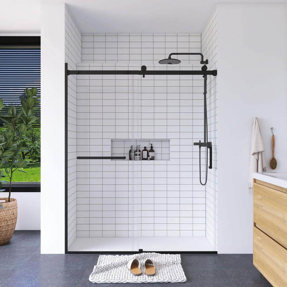 Matte Black Semi-Frameless Sliding Shower Door with Tempered Glass