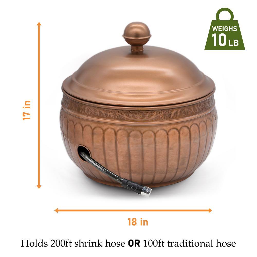 Copper Finish 19" Steel Garden Hose Pot with Lid