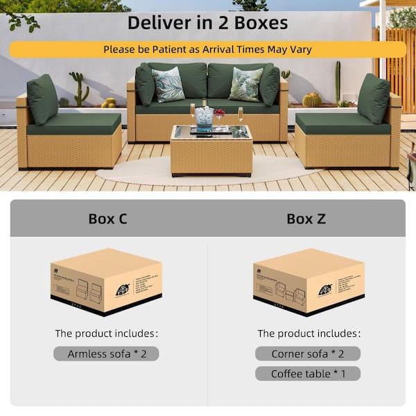 5-Piece Beige Wicker Patio Conversation Set with Pine Green Cushions and Coffee Table