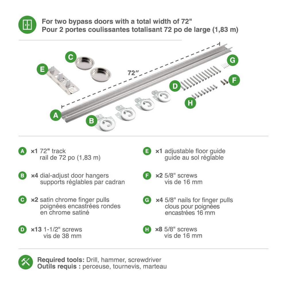 72" Silver Zinc Steel Bypass Door Hardware Kit