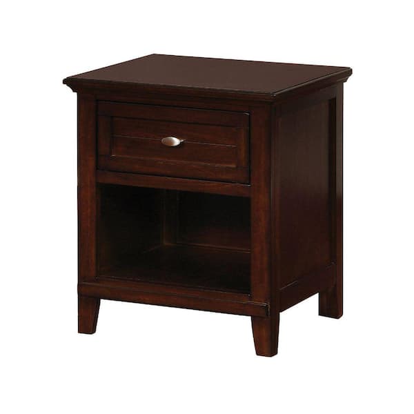 Benjara Cherry Brown Wooden Nightstand with 1-Drawer and Open Shelf 19 in. L x 16 in. W x 22 in. H