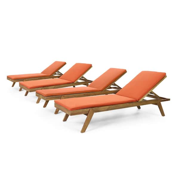 Noble House Bexley 4-Piece Wood Outdoor Chaise Lounge with Orange Cushions