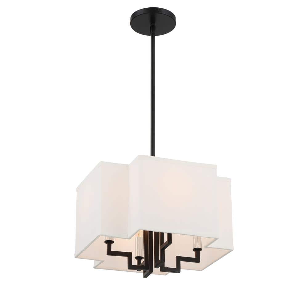 Coal and Polished Nickel 4-Light Drum Pendant with White Linen Shade