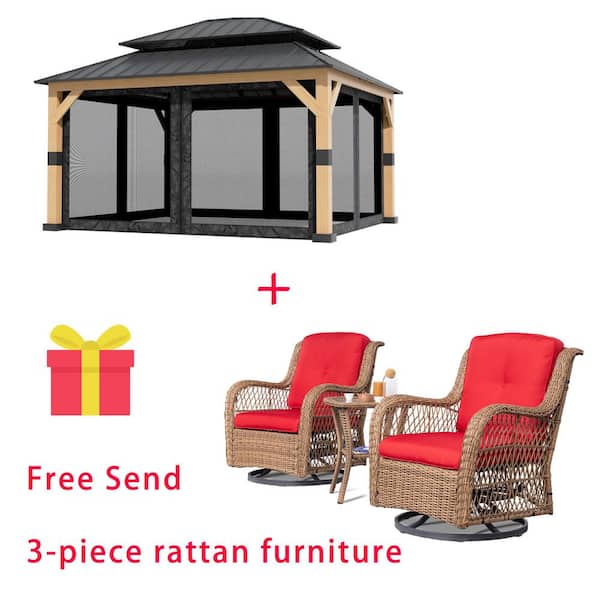 11 ft. x 13 ft. Outdoor Patio Wood Framed Gazebo with Double Hardtop Steel Slope Roof and Mosquito Net, Ceiling Hook