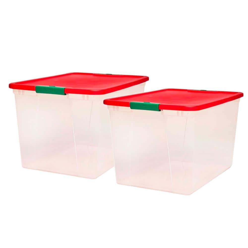 Homz 3421CLRDDC.02 Large 41 Quart Clear Plastic Under Bed Stackable Holiday  Storage Container with Red Snap Lock Lid, 2 Pack