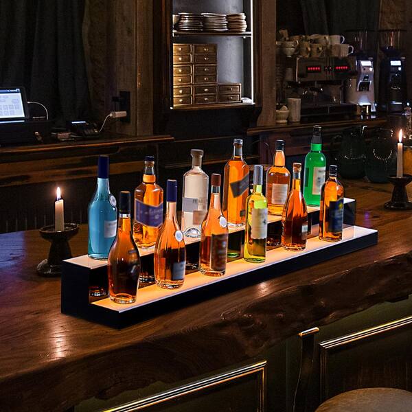 LED Lighted Liquor Bottle Display, 2 Tiers 60 in. Home Bar Shelf, 2 Steps Whiskey Rack Stand, Multicolor lighting