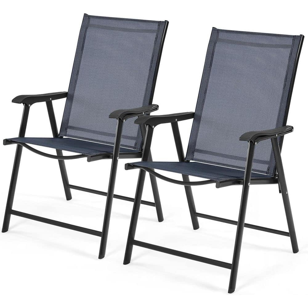 Folding Iron Outdoor Dining Chair in Navy Blue (Set of 2) with Armrest