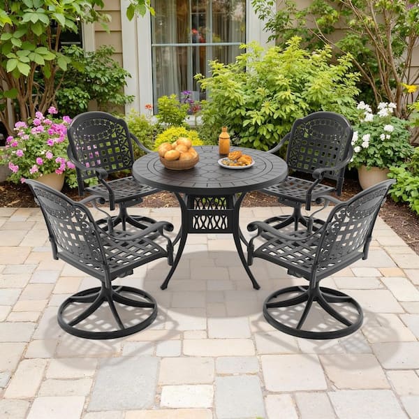 Black 5-Piece Cast Aluminum Patio Outdoor Dining Set with 4 Swivel Rockers with Blue Cushions and 39.37 in. Round Table