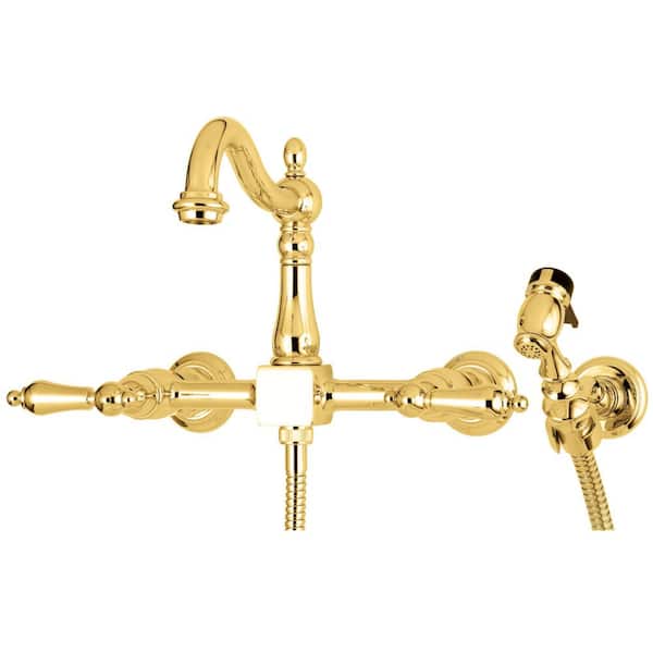 Kingston Brass Heritage 2-Handle Wall-Mount Standard Kitchen Faucet with Side Sprayer in Polished Brass