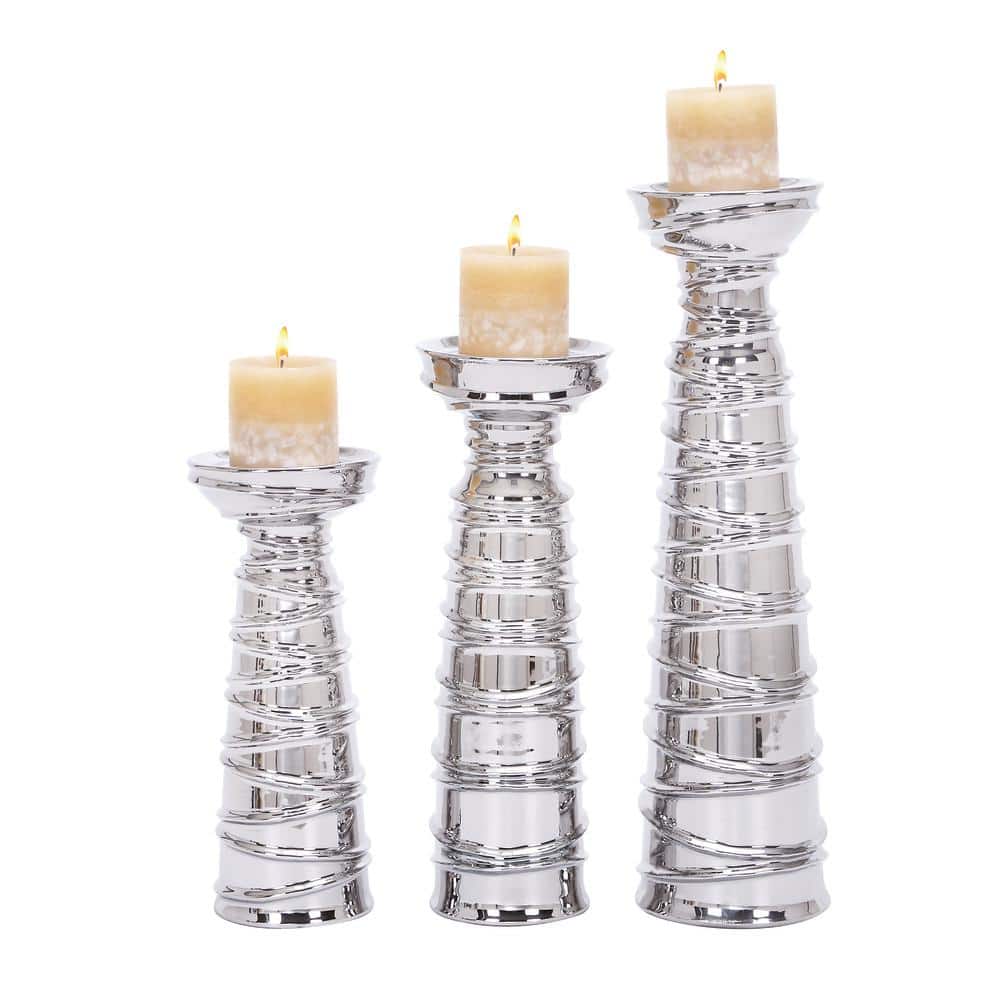 Litton Lane Silver Ceramic Candle Holder (Set of 3) 71691 - The