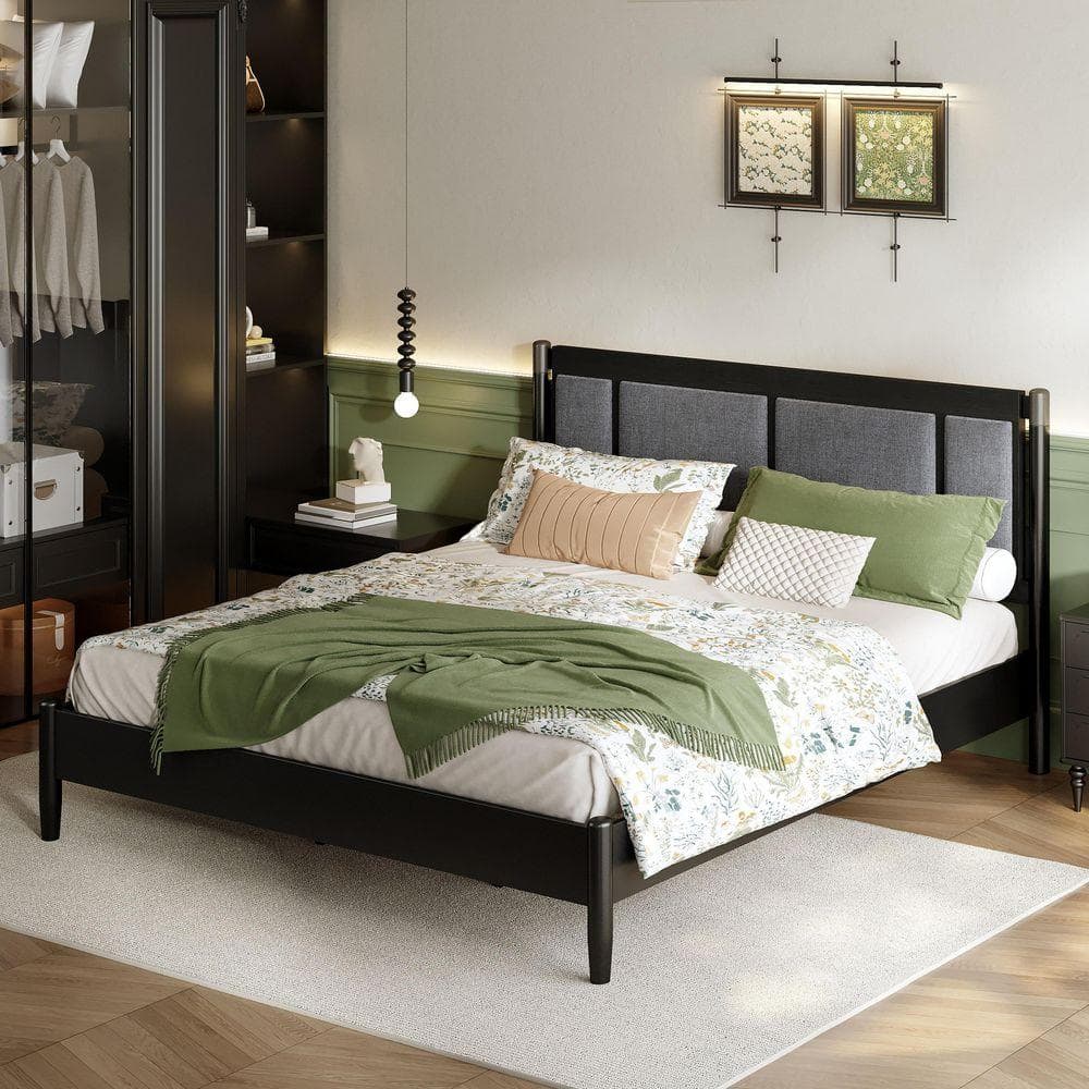 Nestfair Black Wood Frame King Upholstered Platform Bed PBNC019B