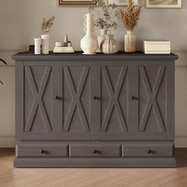 Harper & Bright Designs Gray Wood Frame Queen Size Murphy Bed, Chest Cube Cabinet Bed with Charging Station and Large Storage Drawer