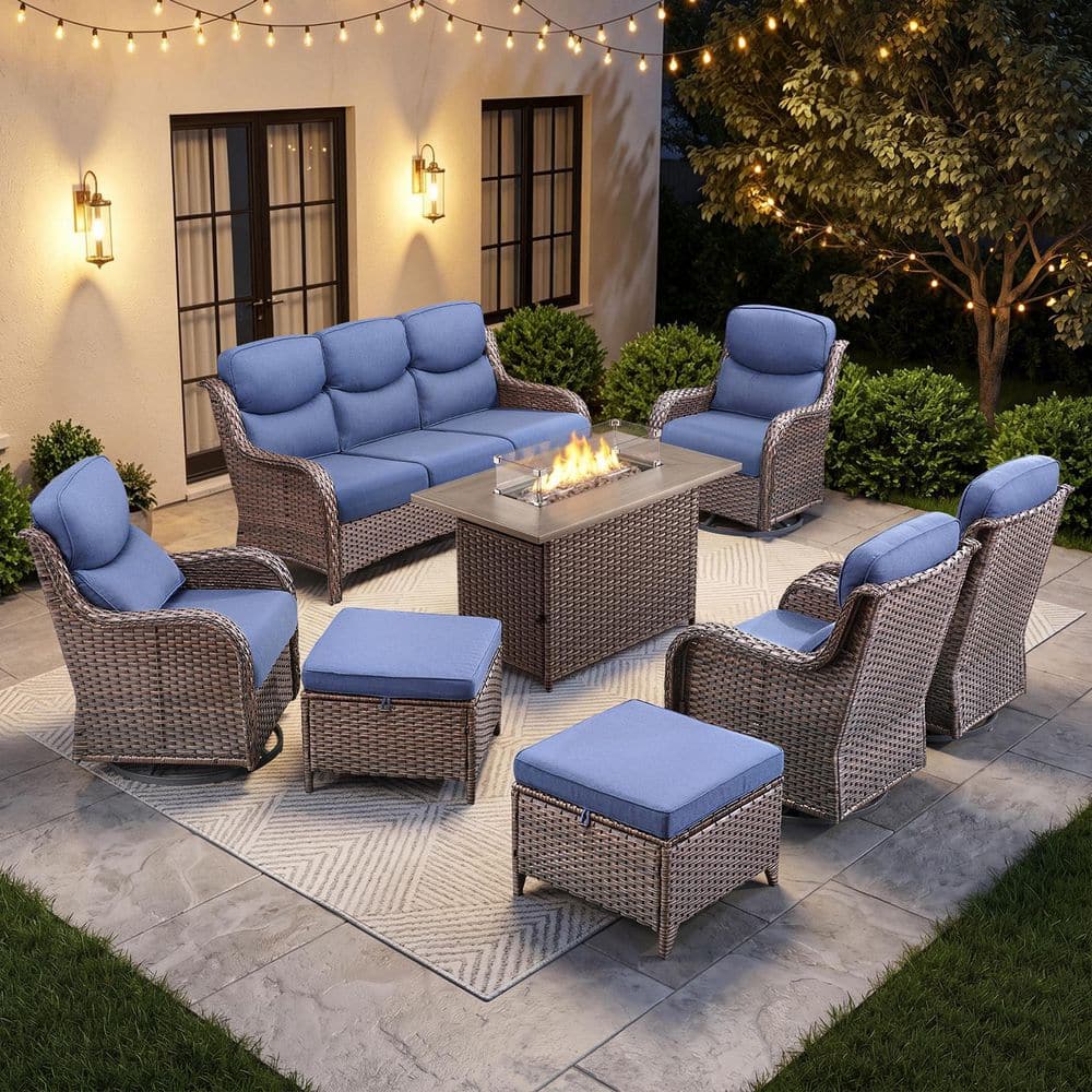Sialion Brown 8-Piece Wicker Patio Fire Pit Conversation Sofa Set Outdoor Swivel Glider Chairs with 5 in. Bule Cushions price history on PriceWatchPro