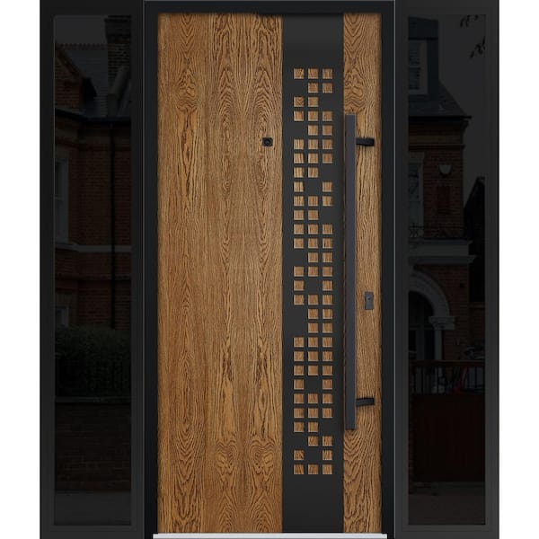 VDOMDOORS 6678 60 in. x 80 in. Left-hand/Inswing 2 Sidelights Natural Oak Steel Prehung Front Door with Hardware