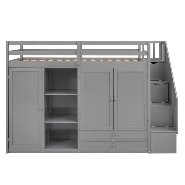 Functional Loft Bed with 3 Shelves, 2 Wardrobes and 2 Drawers, Ladder with Storage, No Box Spring Needed, Gray