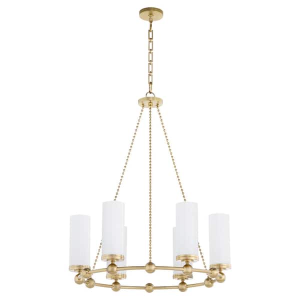 quorum Lee BLVD 60-Watt 2.0 6 Light Aged Brass Chandelier Light with White Fluted Glass Shade, No Light Bulb Included