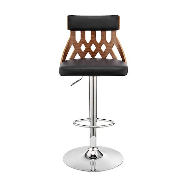 HomeRoots Adjustable Black Faux Leather and Walnut Lattice Bar Stool