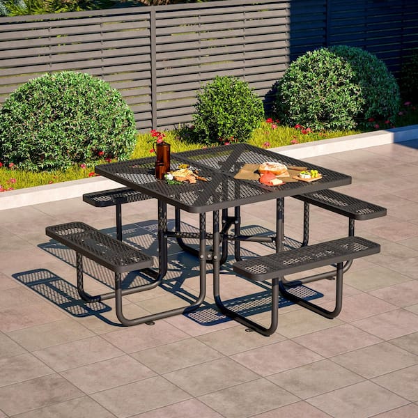 78.74 in. Black Square Steel Picnic Table Seats 4-8 People with Umbrella Hole