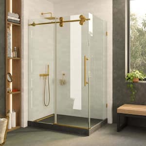 60 in. W x 74.25 in. H Sliding Frameless Corner Shower Enclosure in Satin Brass