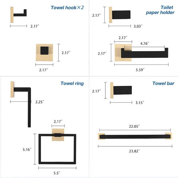 5-Piece Bathroom Towel Rack Set: Towel Bar + Ring + Hooks + TP Holder, Brushed Finish in Black and Gold