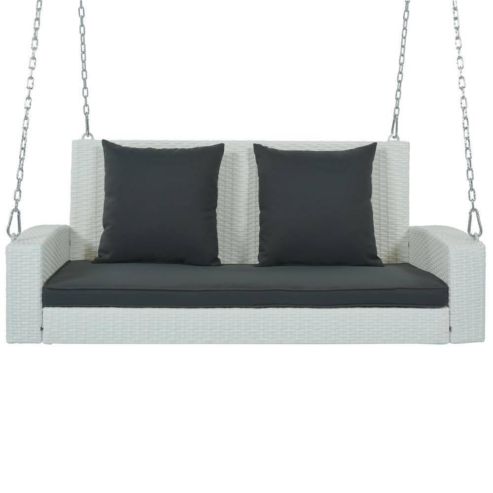 White 2-Person Wicker Hanging Porch Swing with Chain, Cushions, Rattan Swin