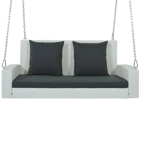 TIRAMISUBEST 2-Person White Wicker Porch Swing with Gray Cushions