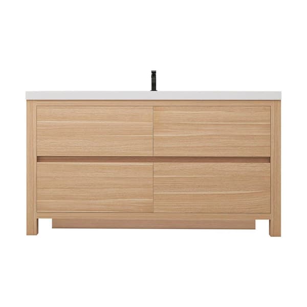 Louis 59 in. W x 20 in. D x 35 in. H Single Sink Freestanding Bath Vanity in Champagne Oak with White Acrylic Top