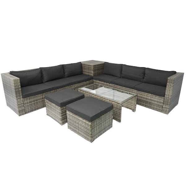 Sudzendf Gray 8-Piece Wicker Outdoor Patio Sectional Sofa Set with One Storage Box Under Seat and Black Cushions