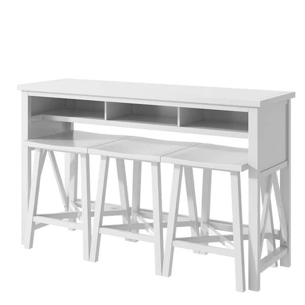 Unbranded White 4-Piece Solid Wood Dining Table Set with 3 Stools