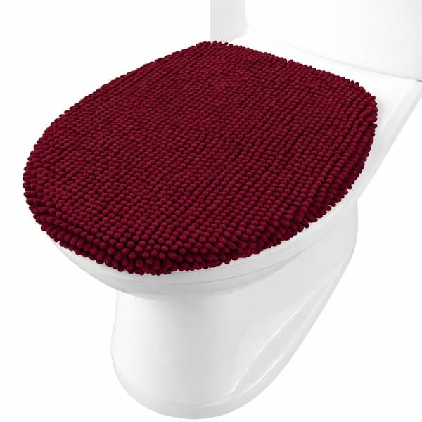 Burgundy Soft Chenille Toilet Lid Cover 17.5 x 15 in. Machine Washable Rubber Backing Round Elongated