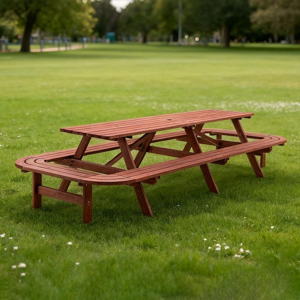 121 in. Brown Rectangle Fir Wood Picnic Table with Umbrella Hole, Benches for 14-16 Persons