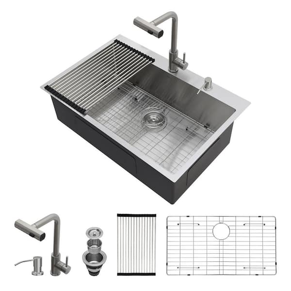 33 in. Drop-in Single Bowl 16-Gauge Brushed Nickel Stainless Steel Kitchen Sink with Faucet and Roll Up Rack