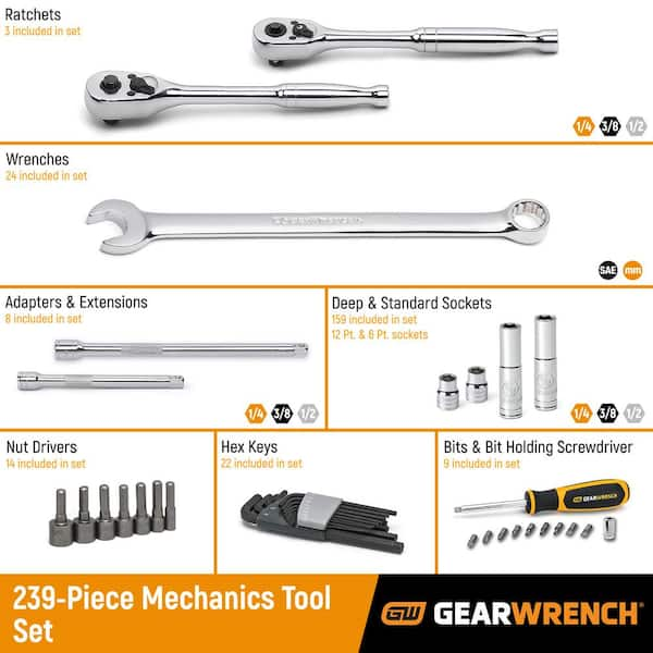 1/4 in., 3/8 in. and 1/2 in. Drive Standard and Deep SAE/Metric Mechanics Tool Set in 3-Drawer Storage Box (239-Piece)