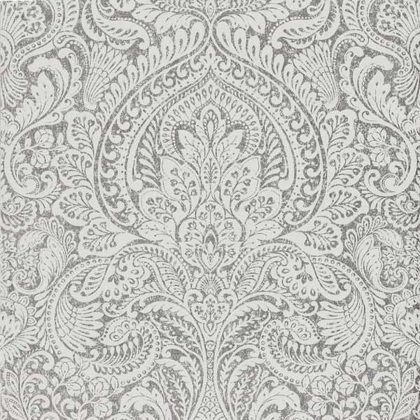 A-Street Prints Artemis Silver Floral Damask Non Woven Paper Non-Pasted Metallic Wallpaper