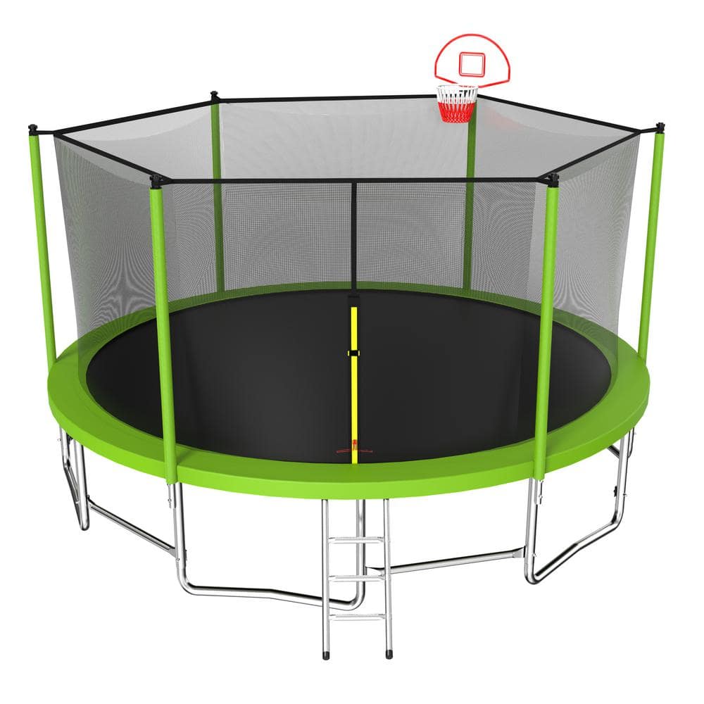 15FT Green Round Trampoline with Enclosure and Basketball Hoop