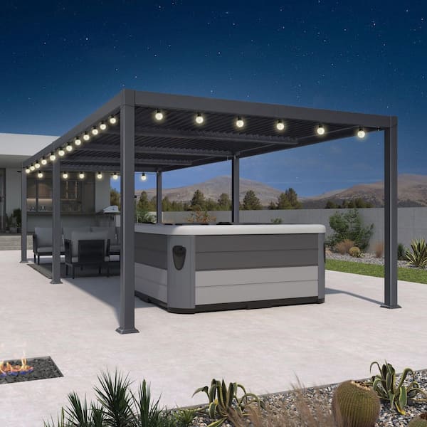 PURPLE LEAF 11.4 ft. x 27.2 ft. Gray Aluminum Patio Louvered Pergola Hardtop Gazebo with Adjustable Sunshade Roof and String Lights